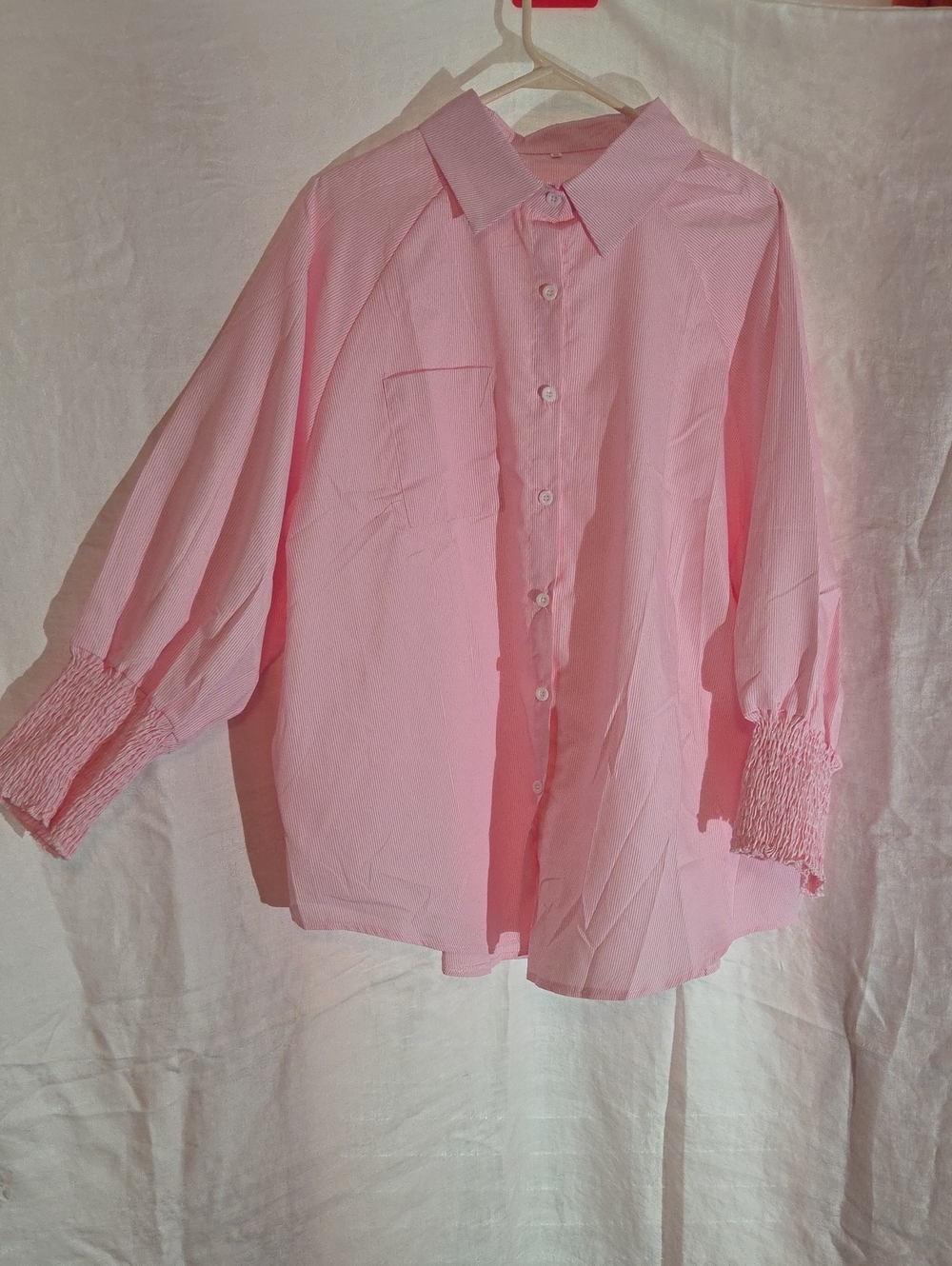 Light Pink Button-Up Blouse with Smocked Cuffs